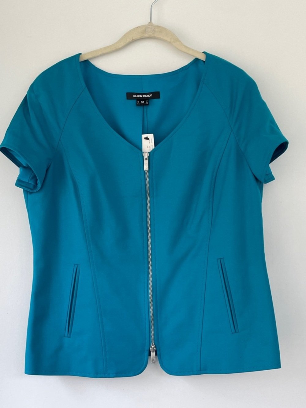 Ellen Tracy New York Teal Zip Front Short Sleeve V-Neck Top 12 Deadstock